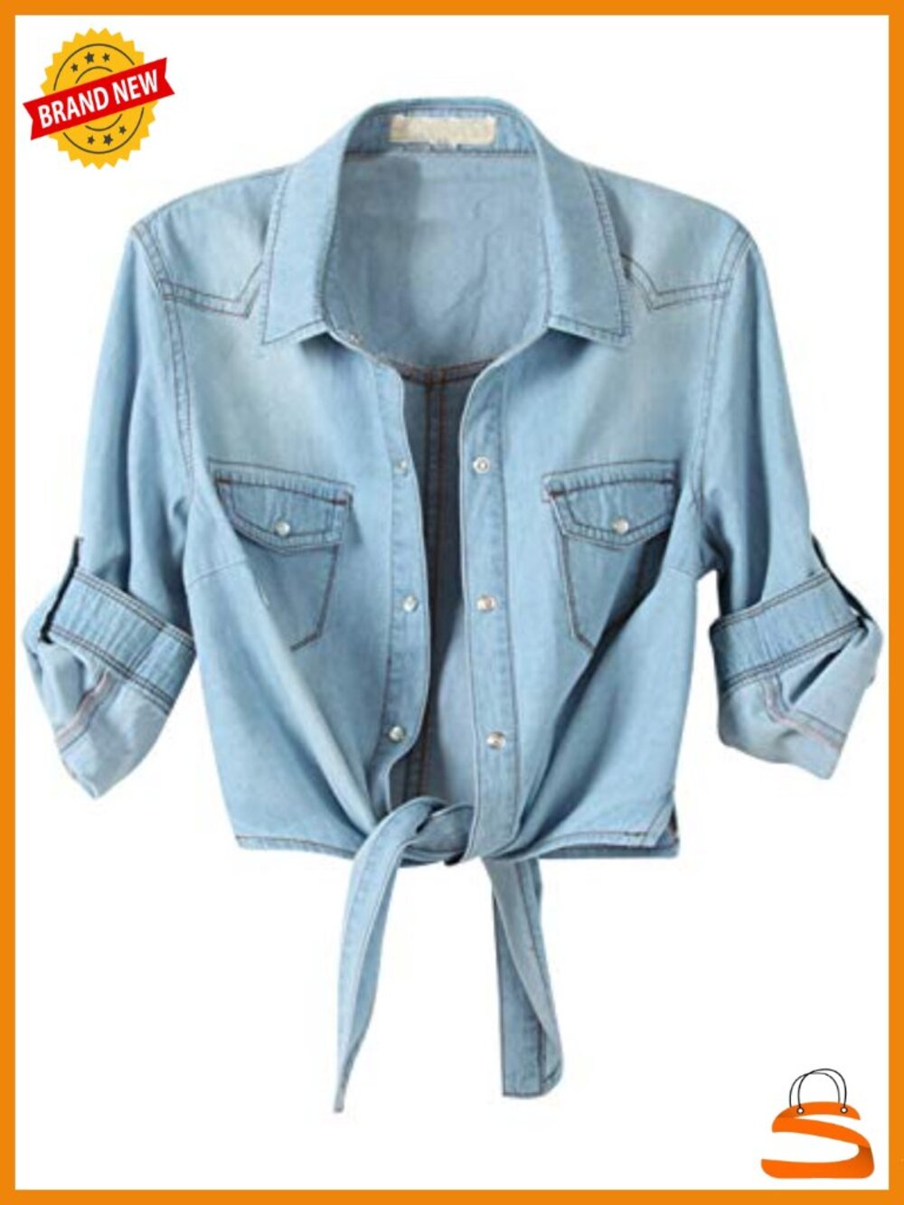 Denim Crop Top Tie Knot Cardigan 3/4 Sleeve Chambray Jean Shirt